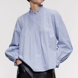 Zara Light Blue white black Striped Ruffle Blouse puff sleeve cuffed chic